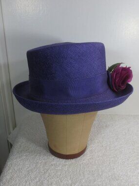 Miss Bierner Hat Purple Vintage Porkpie Woven Straw Rose Pin Unisex Size 7 1/4